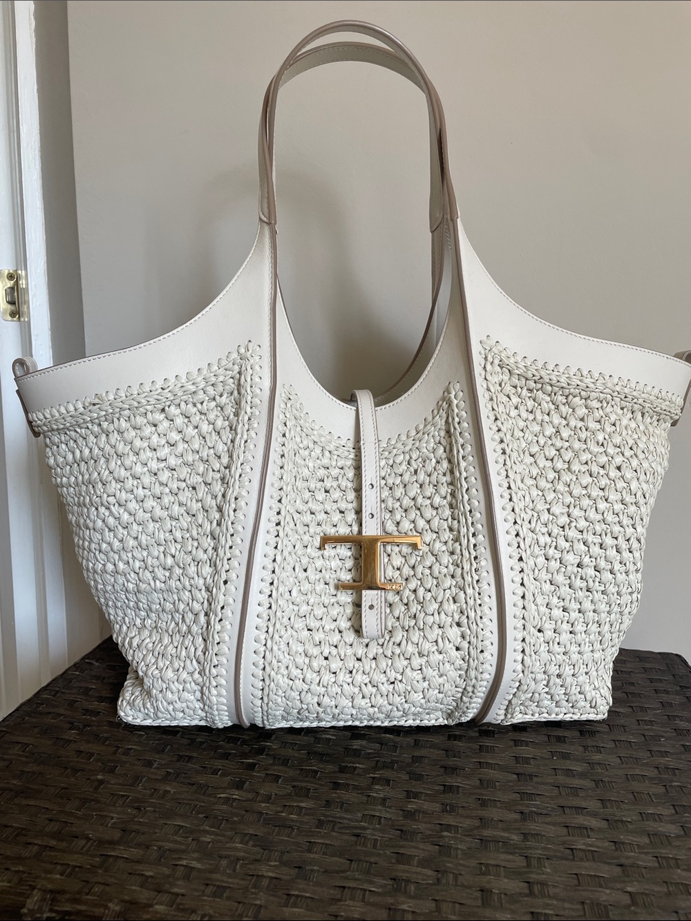 Tod's white medium Raffia T Timeless Tote shopping bag